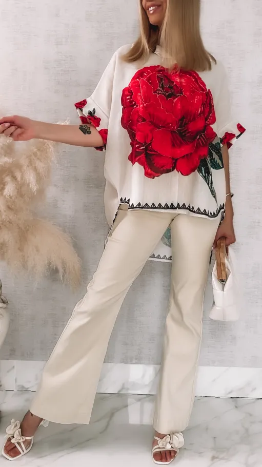 Asymetryczna lniana koszula ECRU z czerwoną różą ONE SIZE - R946