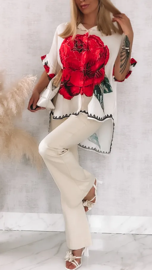 Asymetryczna lniana koszula ECRU z czerwoną różą ONE SIZE - R946