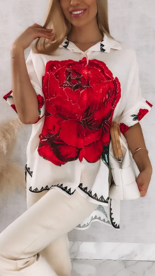 Asymetryczna lniana koszula ECRU z czerwoną różą ONE SIZE - R946