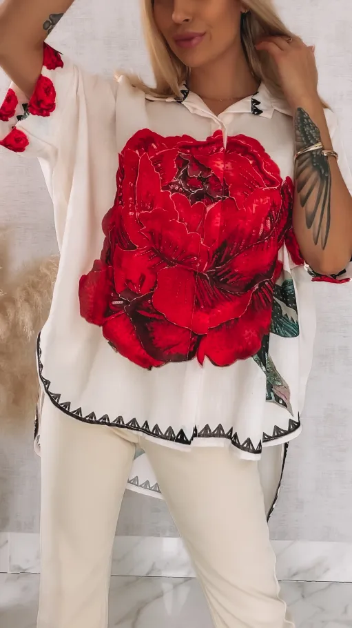 Asymetryczna lniana koszula ECRU z czerwoną różą ONE SIZE - R946