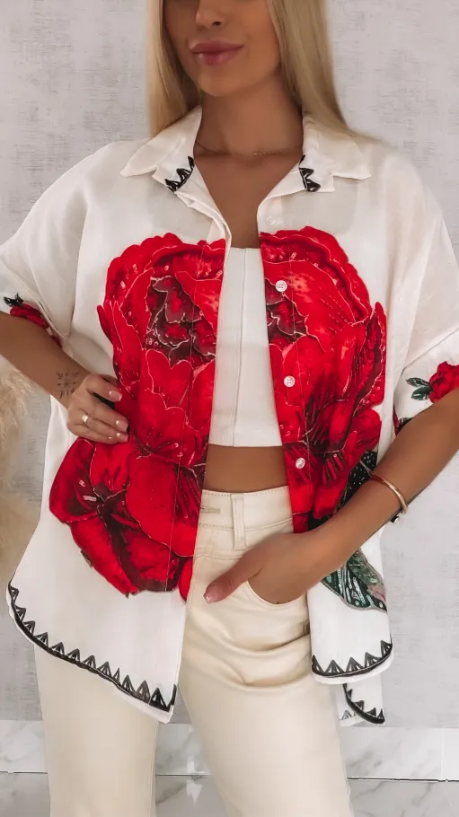 Asymetryczna lniana koszula ECRU z czerwoną różą ONE SIZE - R946