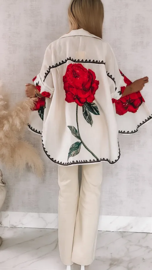 Asymetryczna lniana koszula ECRU z czerwoną różą ONE SIZE - R946