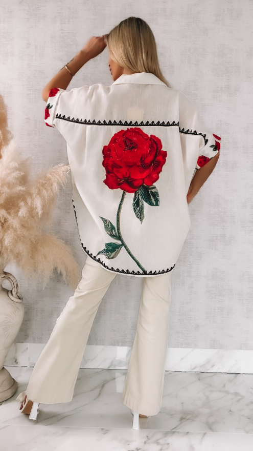 Asymetryczna lniana koszula ECRU z czerwoną różą ONE SIZE - R946