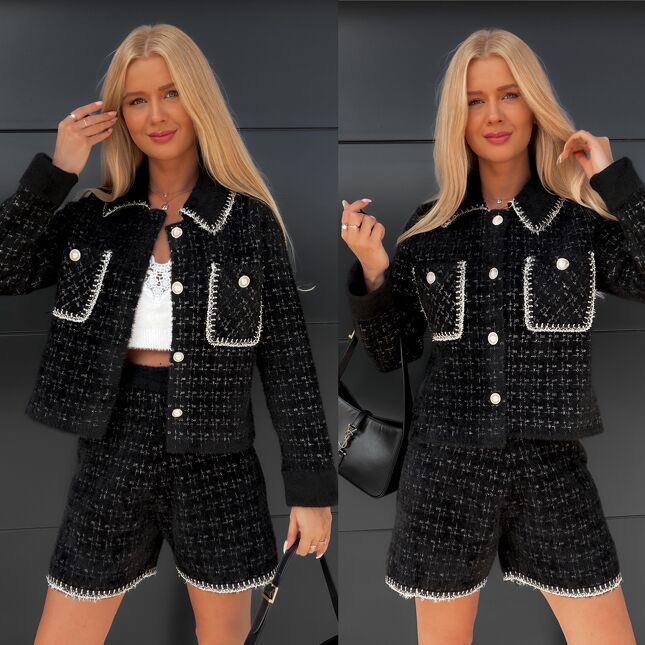 Oryginalny komplet na jesień w CZARNYM kolorze marynarka + spodenki ONE SIZE - S367