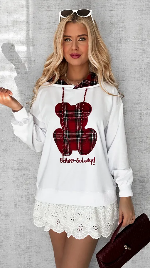 Biała bluza z kapturem i misiem w kratkę ONE SIZE - P707