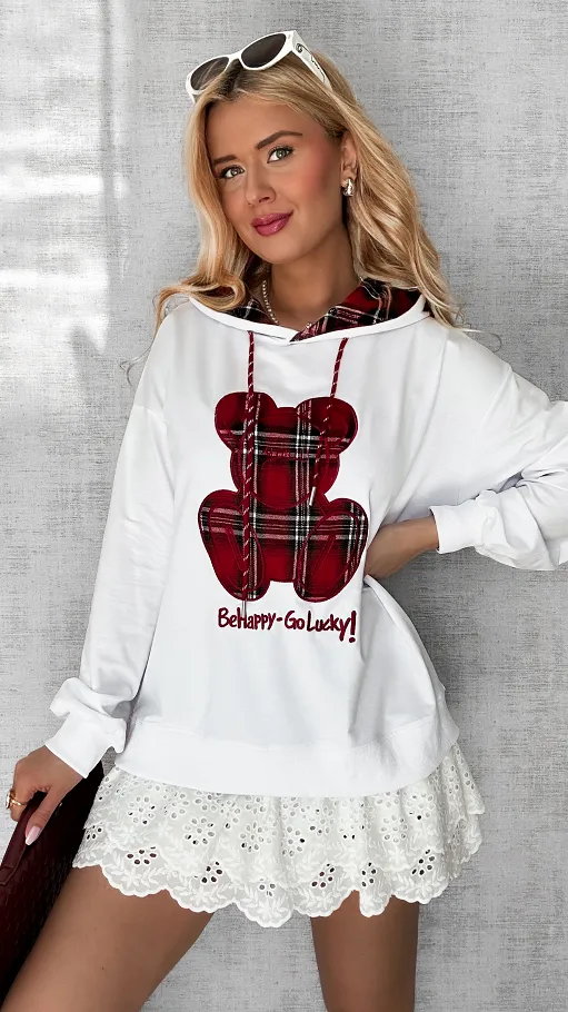 Biała bluza z kapturem i misiem w kratkę ONE SIZE - P707