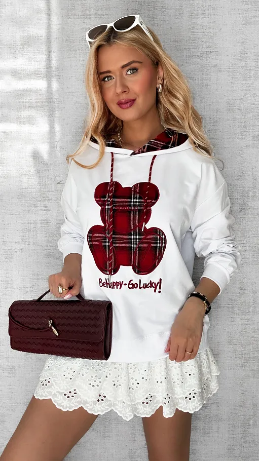 Biała bluza z kapturem i misiem w kratkę ONE SIZE - P707