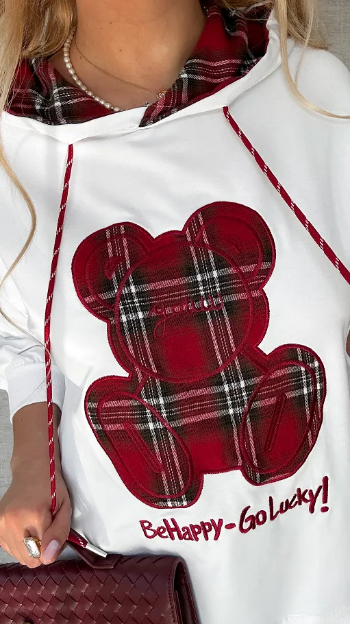 Biała bluza z kapturem i misiem w kratkę ONE SIZE - P707