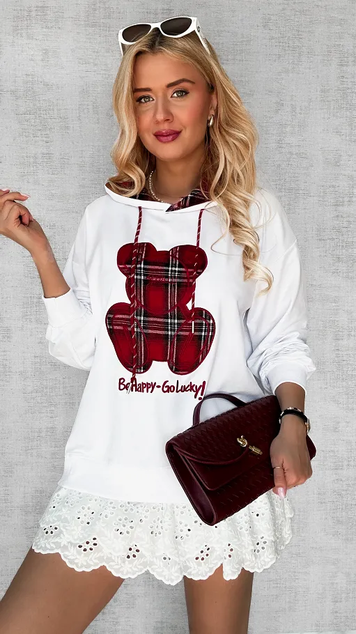 Biała bluza z kapturem i misiem w kratkę ONE SIZE - P707