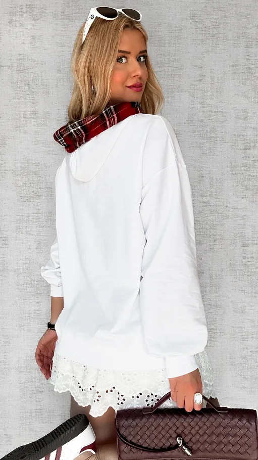 Biała bluza z kapturem i misiem w kratkę ONE SIZE - P707