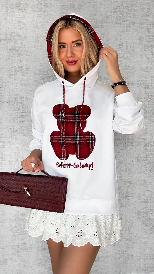 Biała bluza z kapturem i misiem w kratkę ONE SIZE - P707