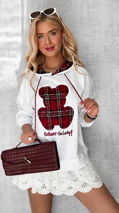 Biała bluza z kapturem i misiem w kratkę ONE SIZE - P707