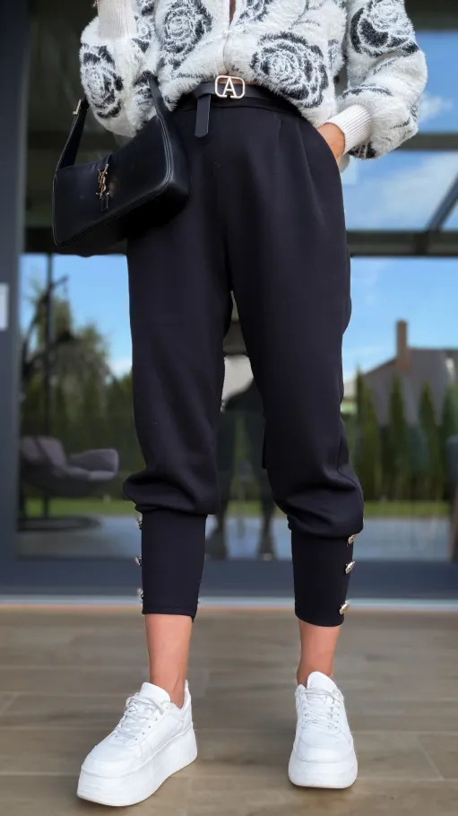 Wygodne dzianinowe spodnie z paskiem ONE SIZE czarne - R127