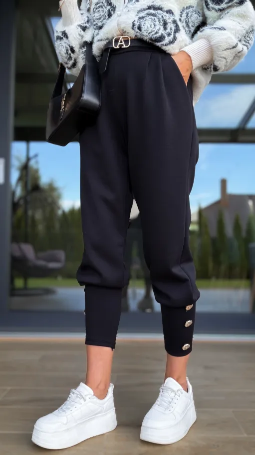 Wygodne dzianinowe spodnie z paskiem ONE SIZE czarne - R127