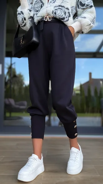 Wygodne dzianinowe spodnie z paskiem ONE SIZE czarne - R127