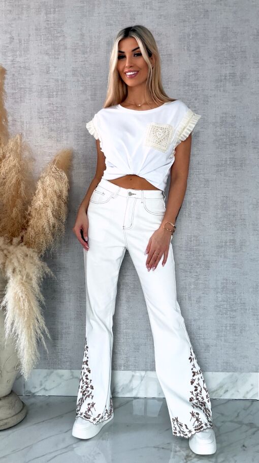 Biała bawełniana bluzka T-SHIRT zdobiona w stylu boho - R610