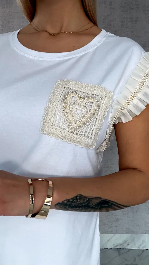 Biała bawełniana bluzka T-SHIRT zdobiona w stylu boho - R610