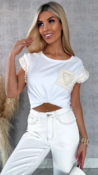 Biała bawełniana bluzka T-SHIRT zdobiona w stylu boho - R610