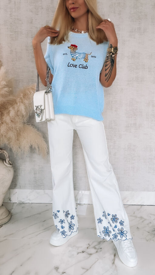 Oryginalny sweter z haftowanym jamnikiem i krótkimi rękawami ONE SIZE niebieski - R856A