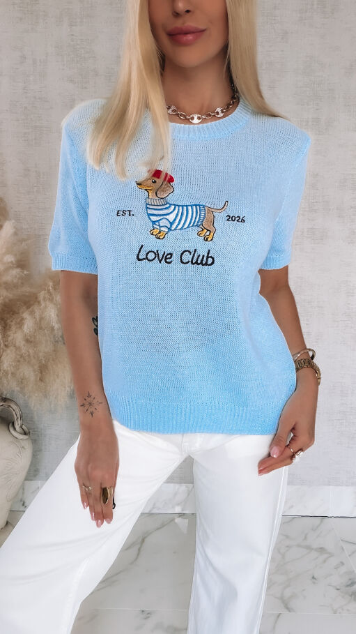 Oryginalny sweter z haftowanym jamnikiem i krótkimi rękawami ONE SIZE niebieski - R856A