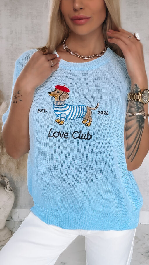 Oryginalny sweter z haftowanym jamnikiem i krótkimi rękawami ONE SIZE niebieski - R856A