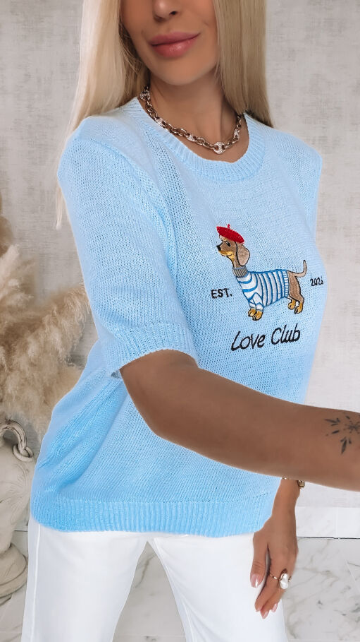 Oryginalny sweter z haftowanym jamnikiem i krótkimi rękawami ONE SIZE niebieski - R856A