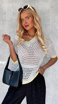 Ażurowa szara bluzka ze srebrną nitką i żółtą lamówką ONE SIZE - P651