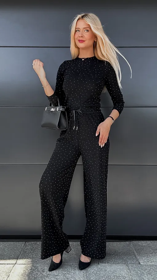 Lekki jesienny komplet w czerni zdobiony mini cyrkoniami ONE SIZE - P961