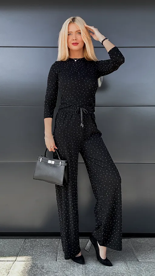 Lekki jesienny komplet w czerni zdobiony mini cyrkoniami ONE SIZE - P961