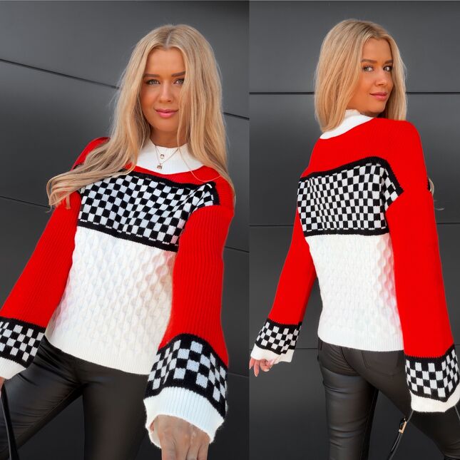 Fantastyczny sweter z półgolfem w szachownicę ONE SIZE - S355