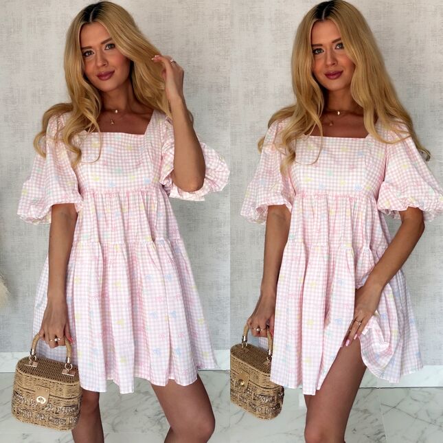 Cudowna sukienka baby doll w różową kratkę vichy ONE SIZE - S044A