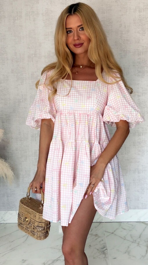 Cudowna sukienka baby doll w różową kratkę vichy ONE SIZE - S044A