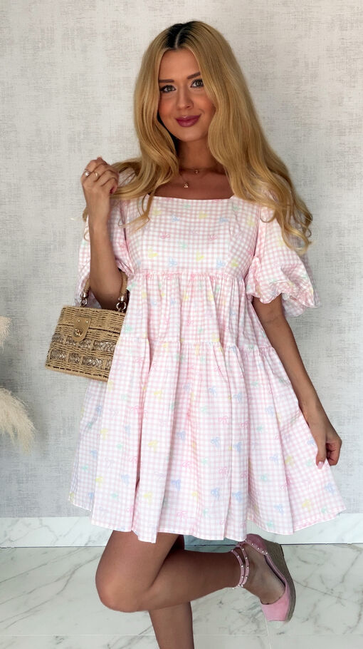 Cudowna sukienka baby doll w różową kratkę vichy ONE SIZE - S044A