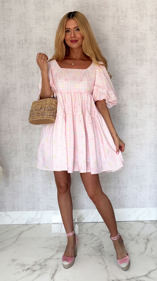 Cudowna sukienka baby doll w różową kratkę vichy ONE SIZE - S044A