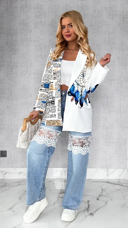 Modna biała marynarka OVERSIZE z motywem łapacza snów - P345
