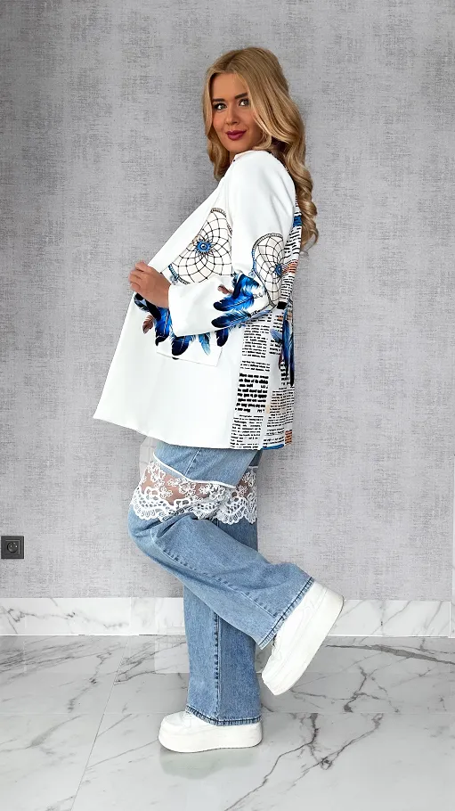 Modna biała marynarka OVERSIZE z motywem łapacza snów - P345