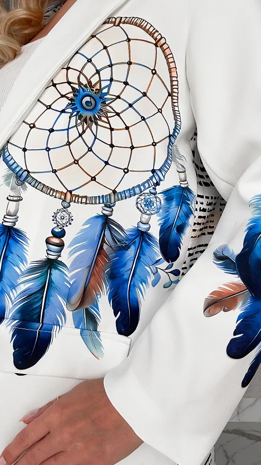 Modna biała marynarka OVERSIZE z motywem łapacza snów - P345