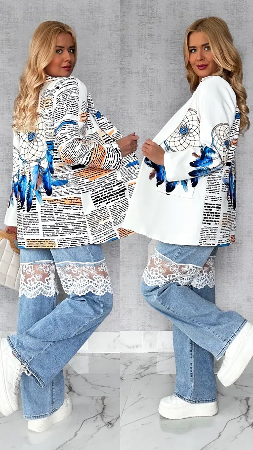 Modna biała marynarka OVERSIZE z motywem łapacza snów - P345