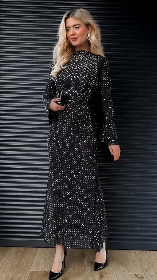 Czarna MAXI sukienka cała w kryształki - R382