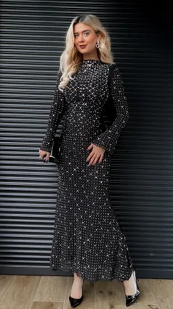 Czarna MAXI sukienka cała w kryształki - R382