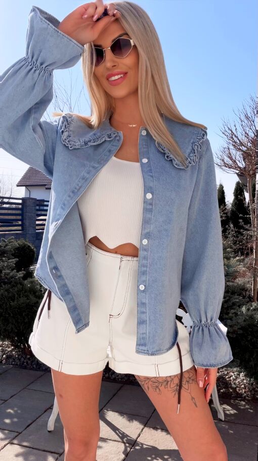 Oryginalna bawełniana jeansowa koszula z modnym dekoltem ONE SIZE - R801