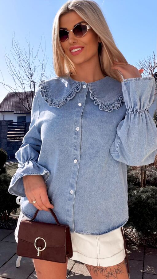 Oryginalna bawełniana jeansowa koszula z modnym dekoltem ONE SIZE - R801
