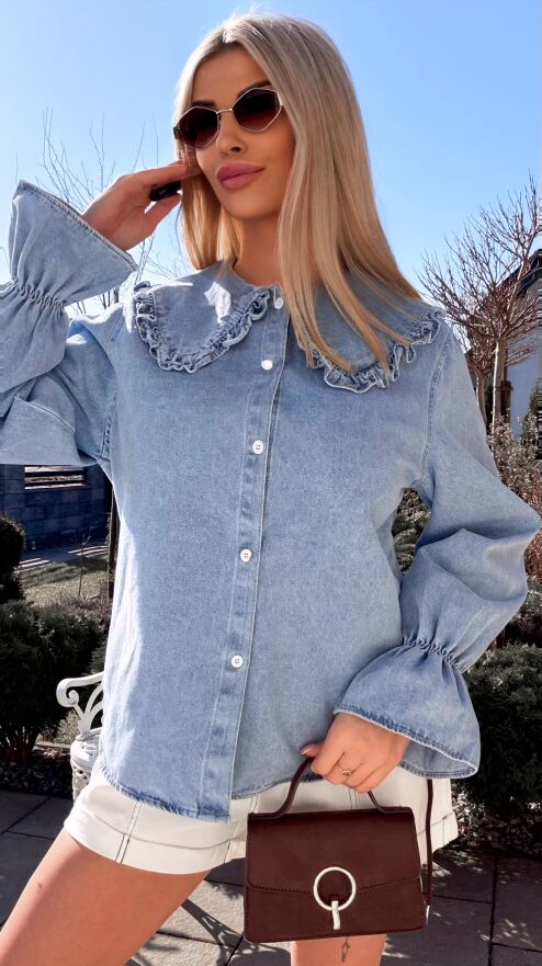 Oryginalna bawełniana jeansowa koszula z modnym dekoltem ONE SIZE - R801