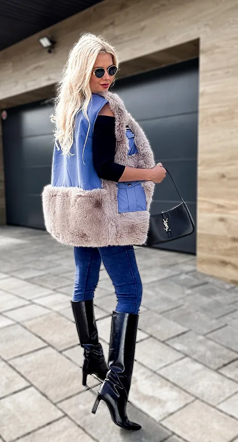 Ekskluzywna niebieska KAMIZELKA z pięknym beżowym futerkiem ONE SIZE - N475