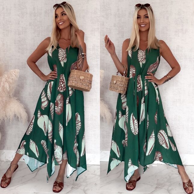 Zielona MAXI sukienka na lato 100% LEN one size - S049