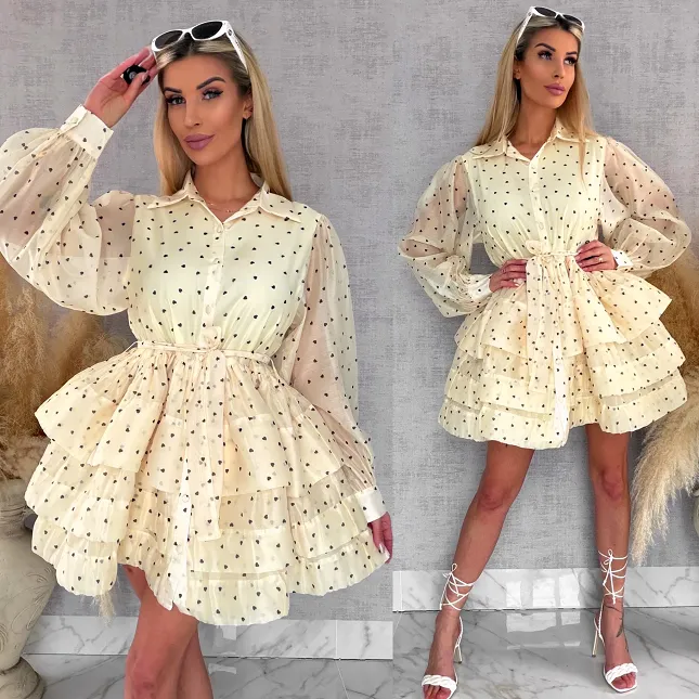 Słodka jedwabna sukienka w serduszka ONE SIZE pastelowy żółty - R705