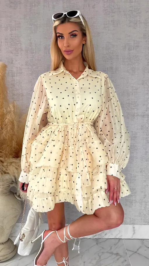 Słodka jedwabna sukienka w serduszka ONE SIZE pastelowy żółty - R705