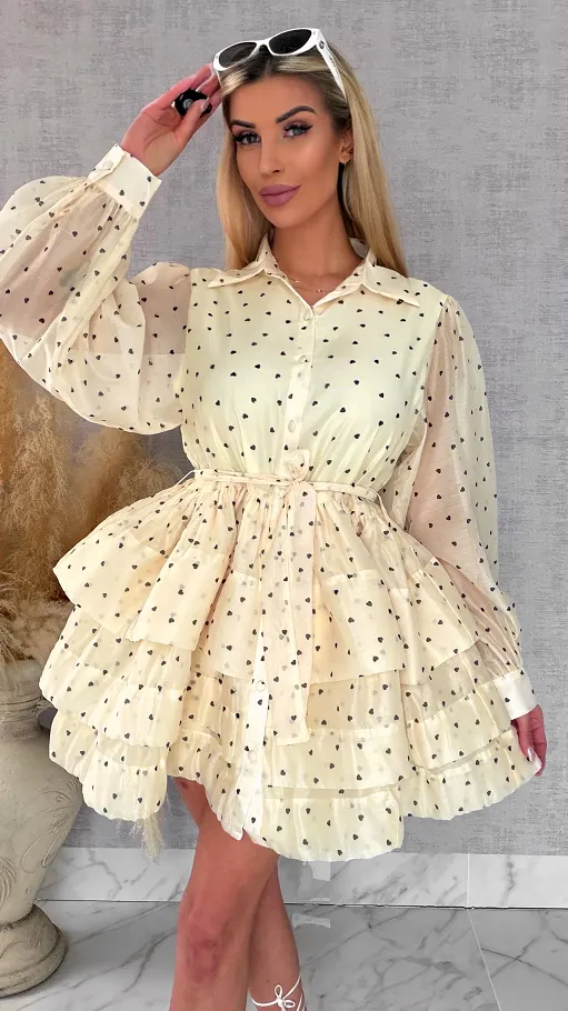 Słodka jedwabna sukienka w serduszka ONE SIZE pastelowy żółty - R705