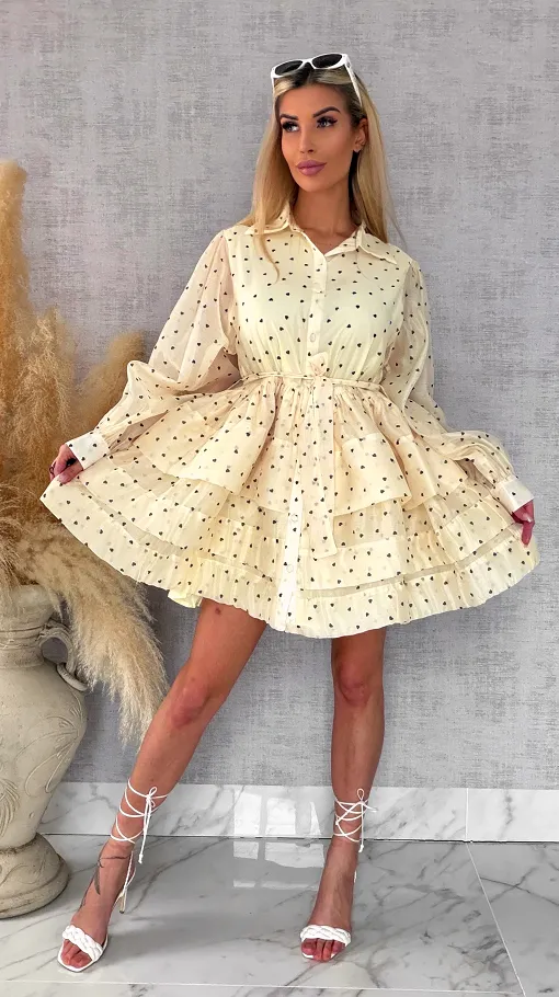 Słodka jedwabna sukienka w serduszka ONE SIZE pastelowy żółty - R705