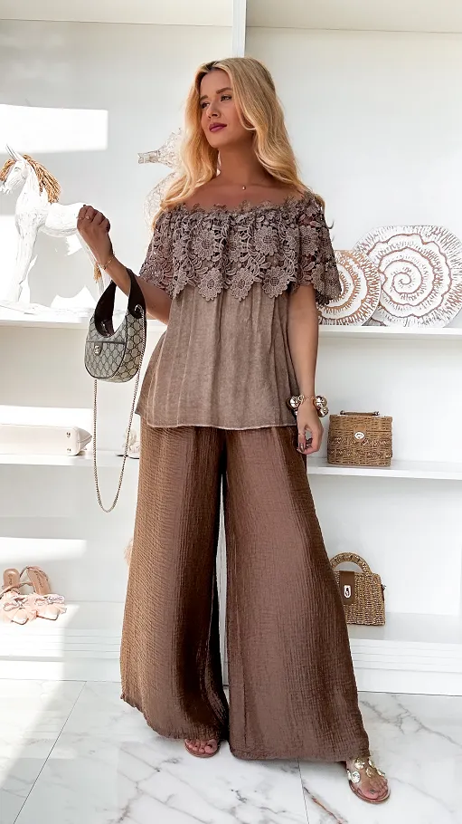 Bluzka hiszpanka w stylu BOHO z wiskozy ONE SIZE czekoladowa - P861A
